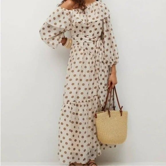 MNG | MANGO | Drop/Off the Shoulder Polka Dot Ruffle Maxi Dress | Size 2 - Picture 1 of 5